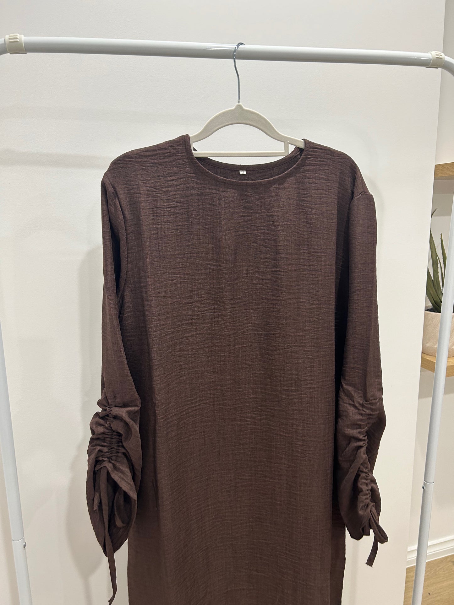 Chocolate Brown Ruched Sleeve Summer Abaya